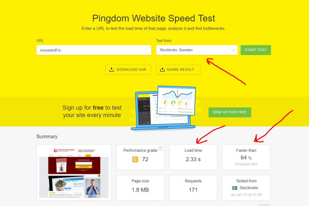Проверка скорости Pingdom